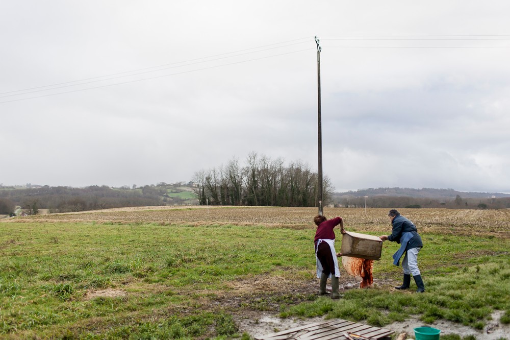 14/01/2014 - France / Aquitaine - Nettoyage de la maie en bois (meyt en gascon) qui a servi pour la preparation du boudin. Le tue-cochon, ou fete du cochon, est une tradition des campagnes francaises, qui correspond a l'abattage, la decoupe et la cuisine de la viande de porc. Autrefois moment important de la vie rural, cette tradition se perd aujourd'hui. Simon Lambert / Haytham Pictures 14/01/2014 - France / Aquitaine - Kill the pig - In the nearby field of the farm, women emptied the wooden bread box that was used for the blood sausages preparation. Simon Lambert / Haytham Pictures